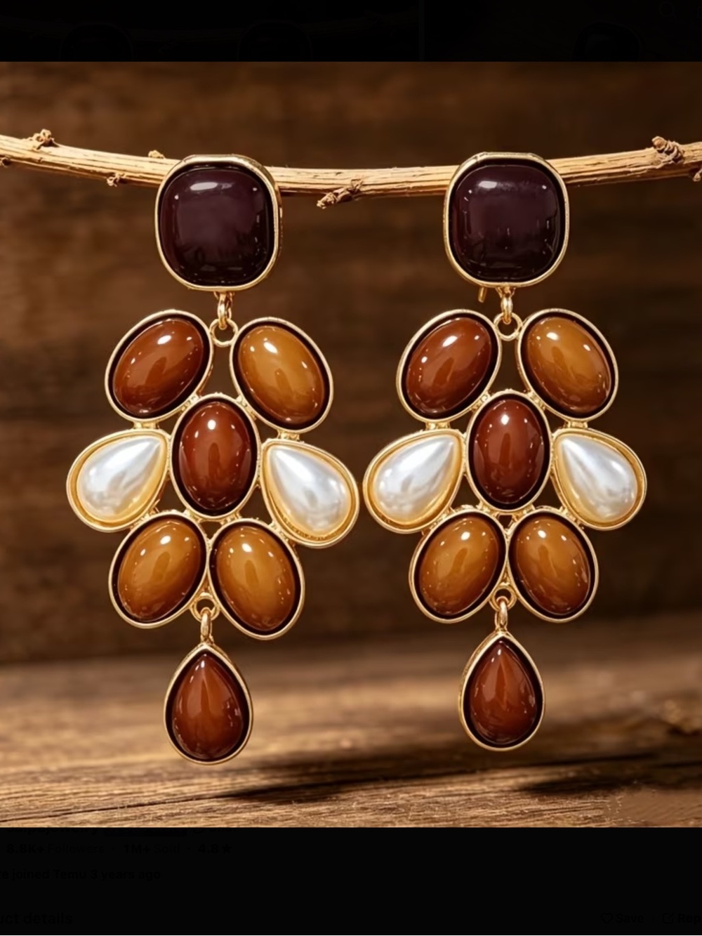 Gold-Plated Brown & Pearl Statement Drop Earrings